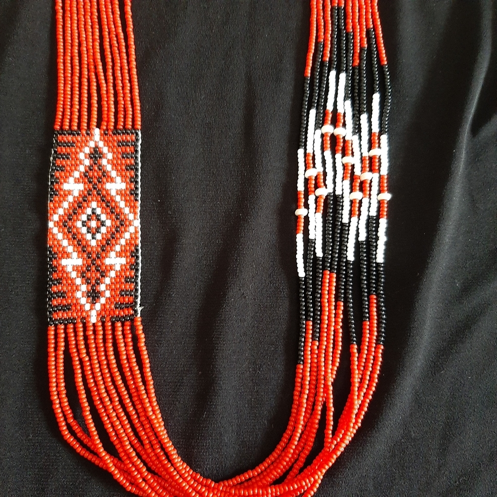 Native American Beaded Necklace, Red, Black & White, Sterling Clasp